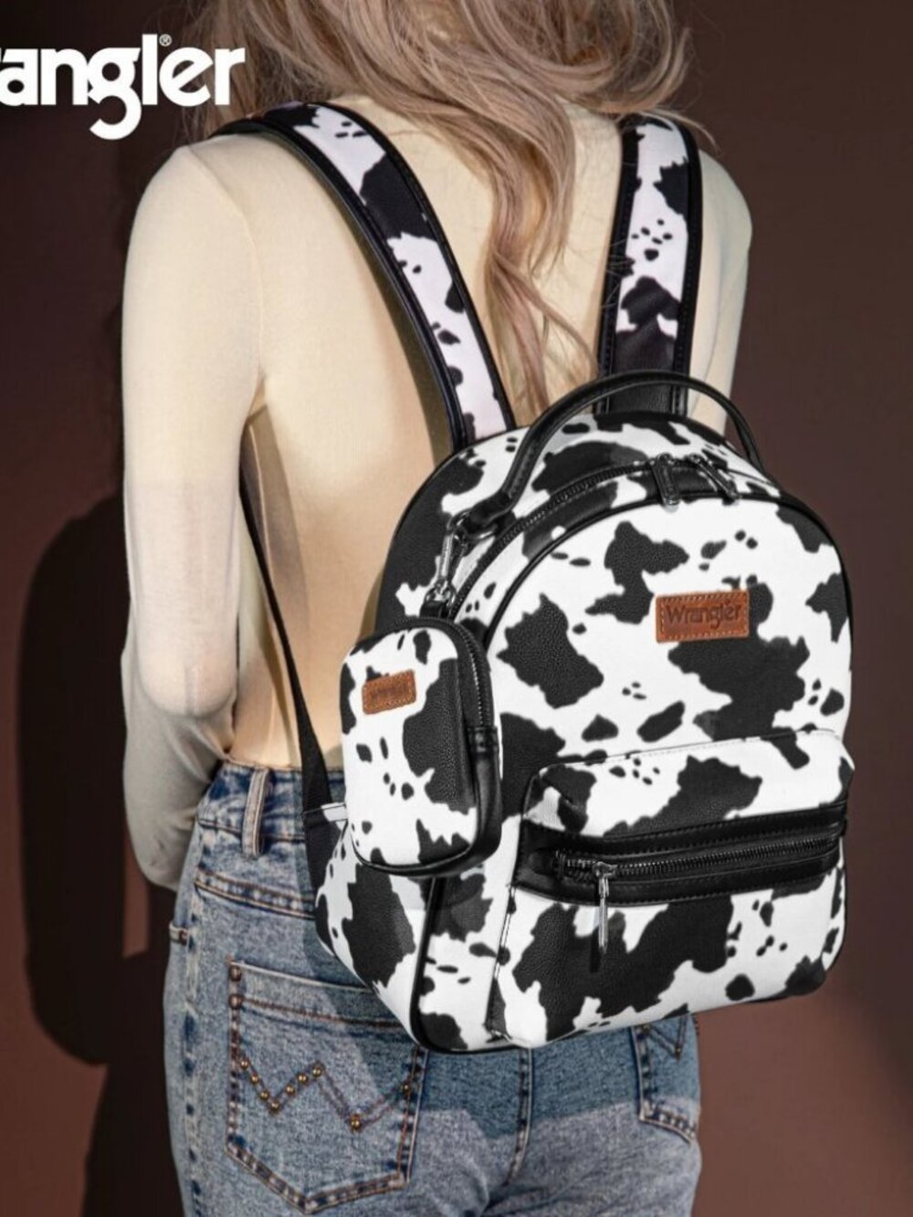 Wrangler Cow Print Backpack With Coin Pouch - Black NWT